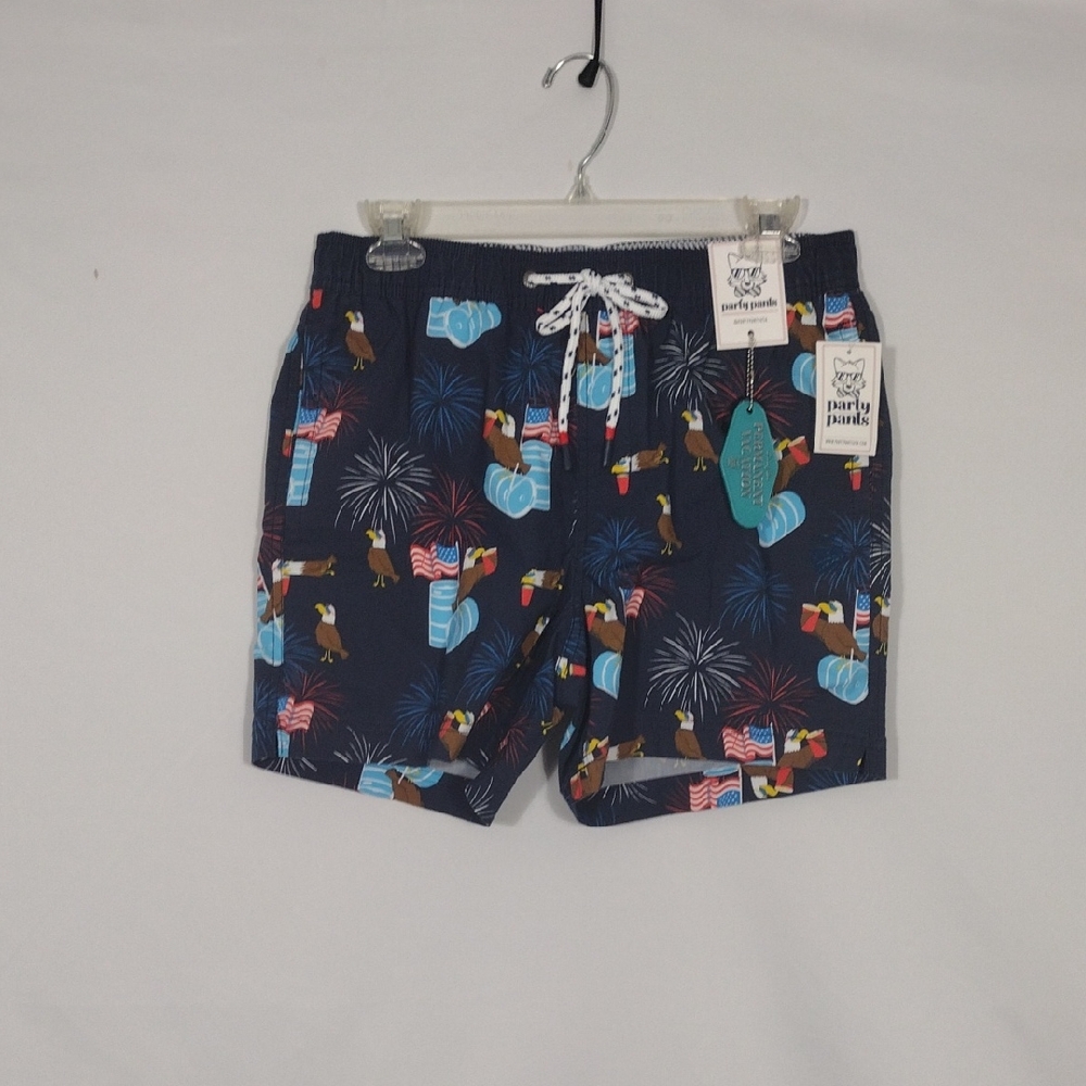 NWT Party Pants Old Glory Swim Shorts With Key Chain Mens Size Small